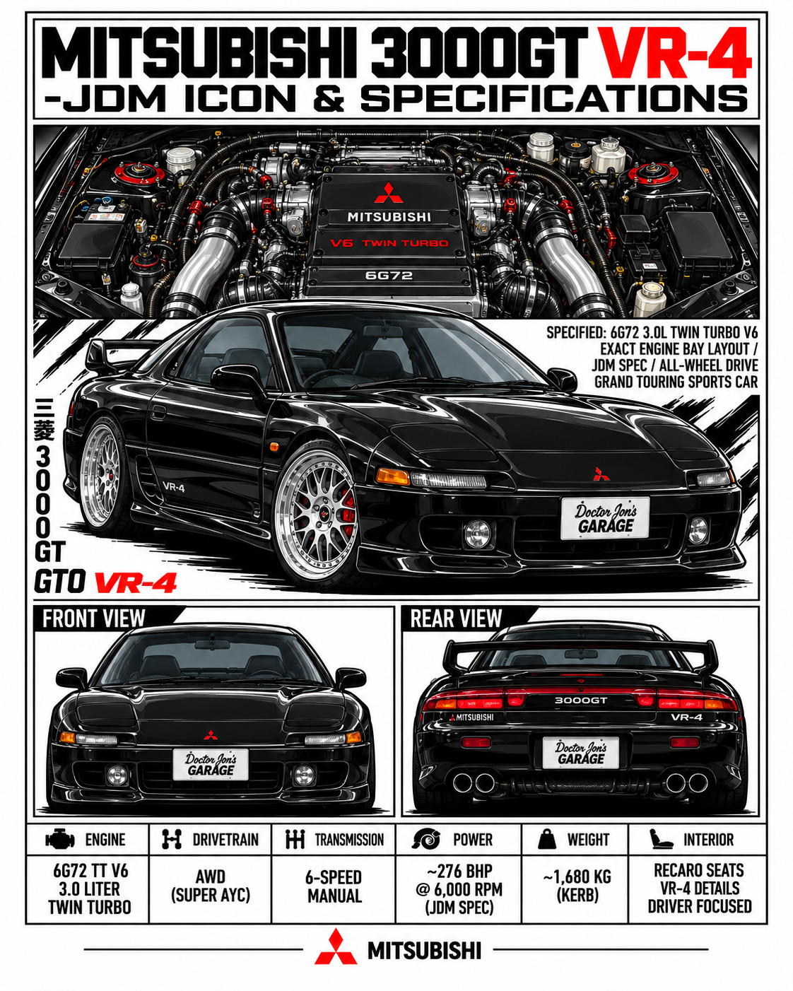 Standalone 3000GT VR-4 JDM specifications T-shirt artwork