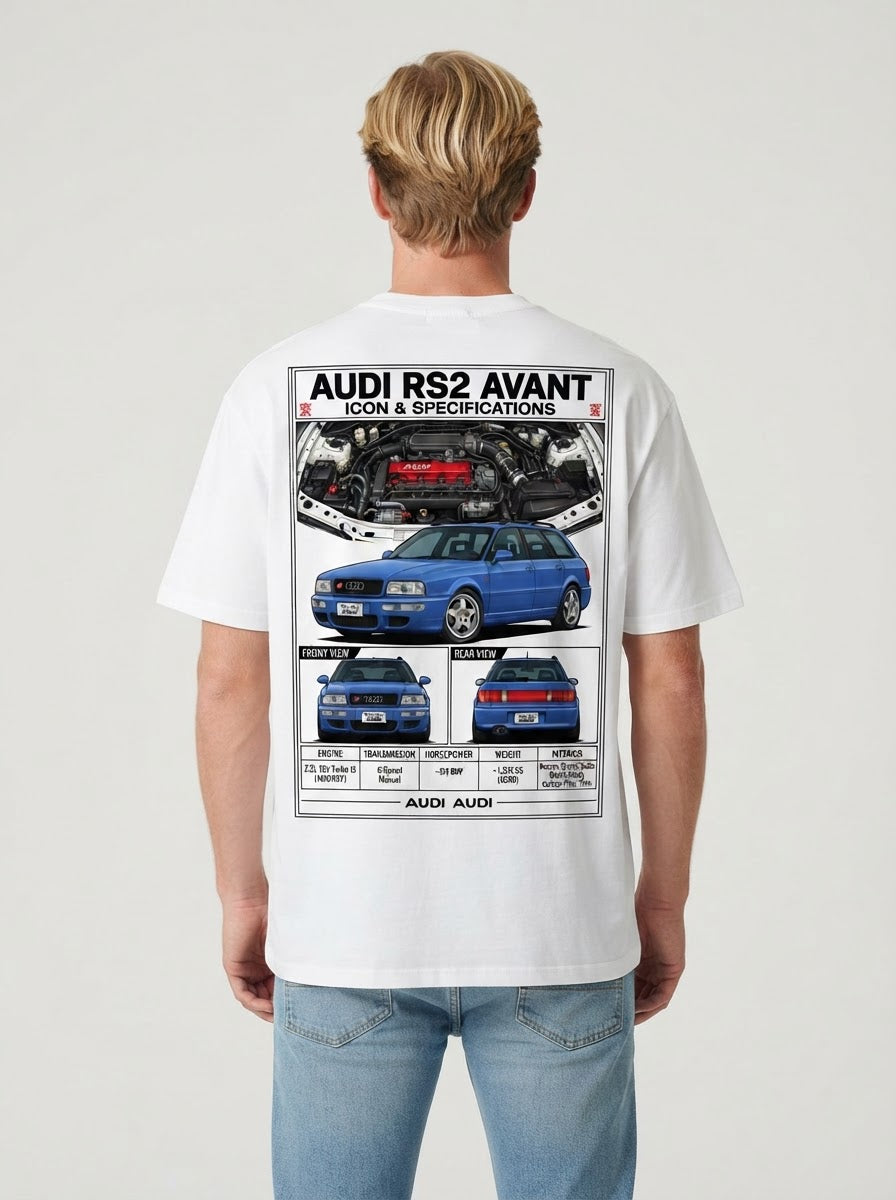Audi RS2 Avant graphic print on white T-shirt worn by model