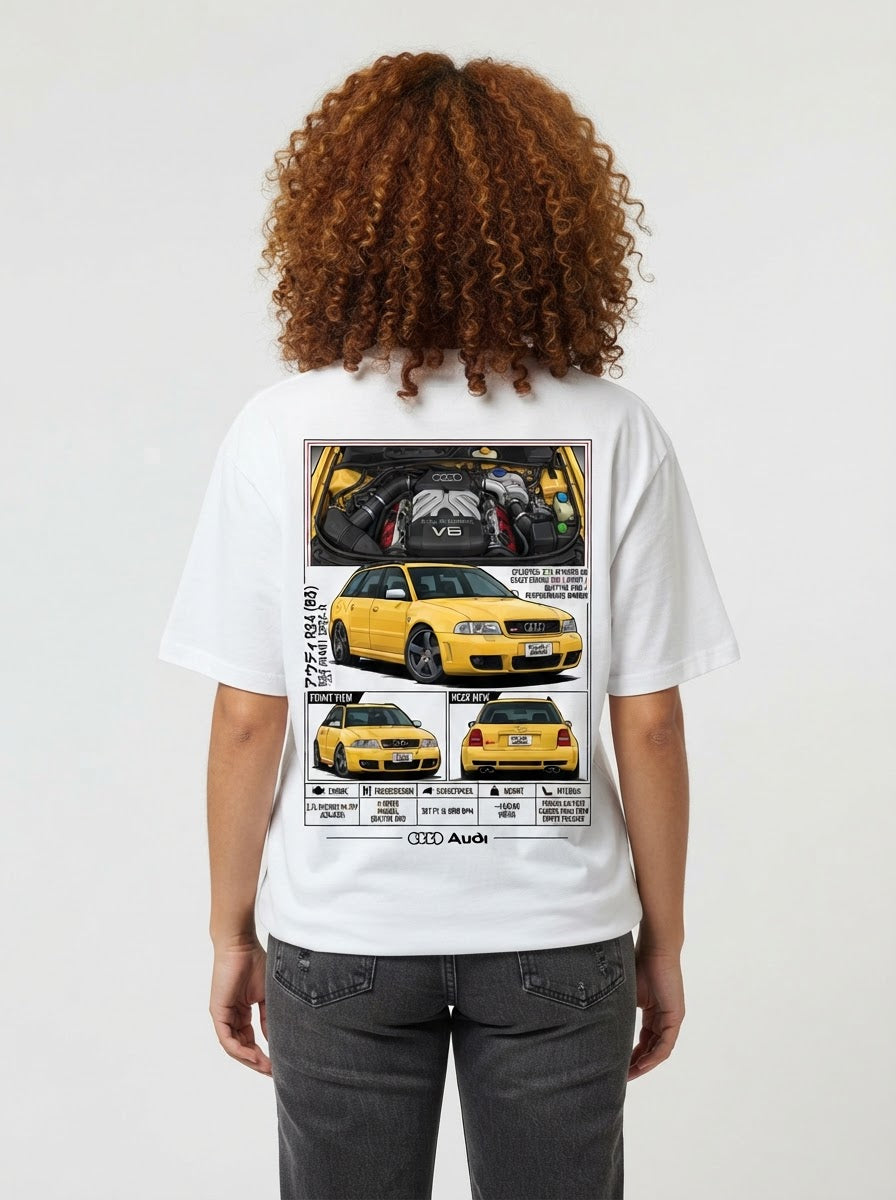 Audi RS4 Avant B5 graphic print on white T-shirt worn by model