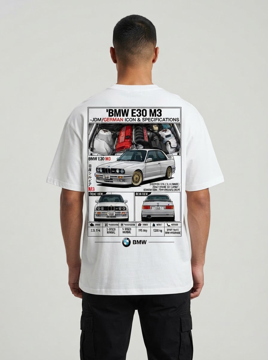 BMW E30 M3 shirt print shown on model back