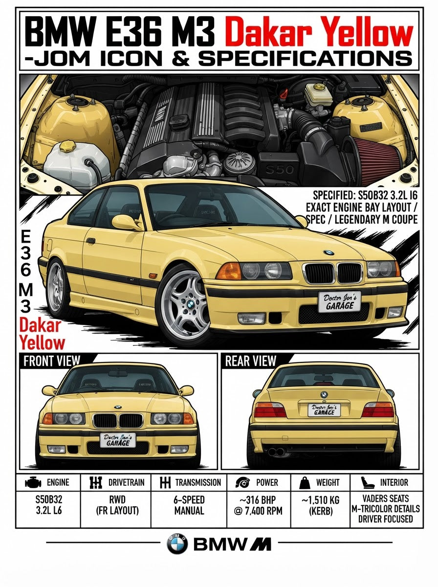 Standalone BMW E36 M3 specification print artwork