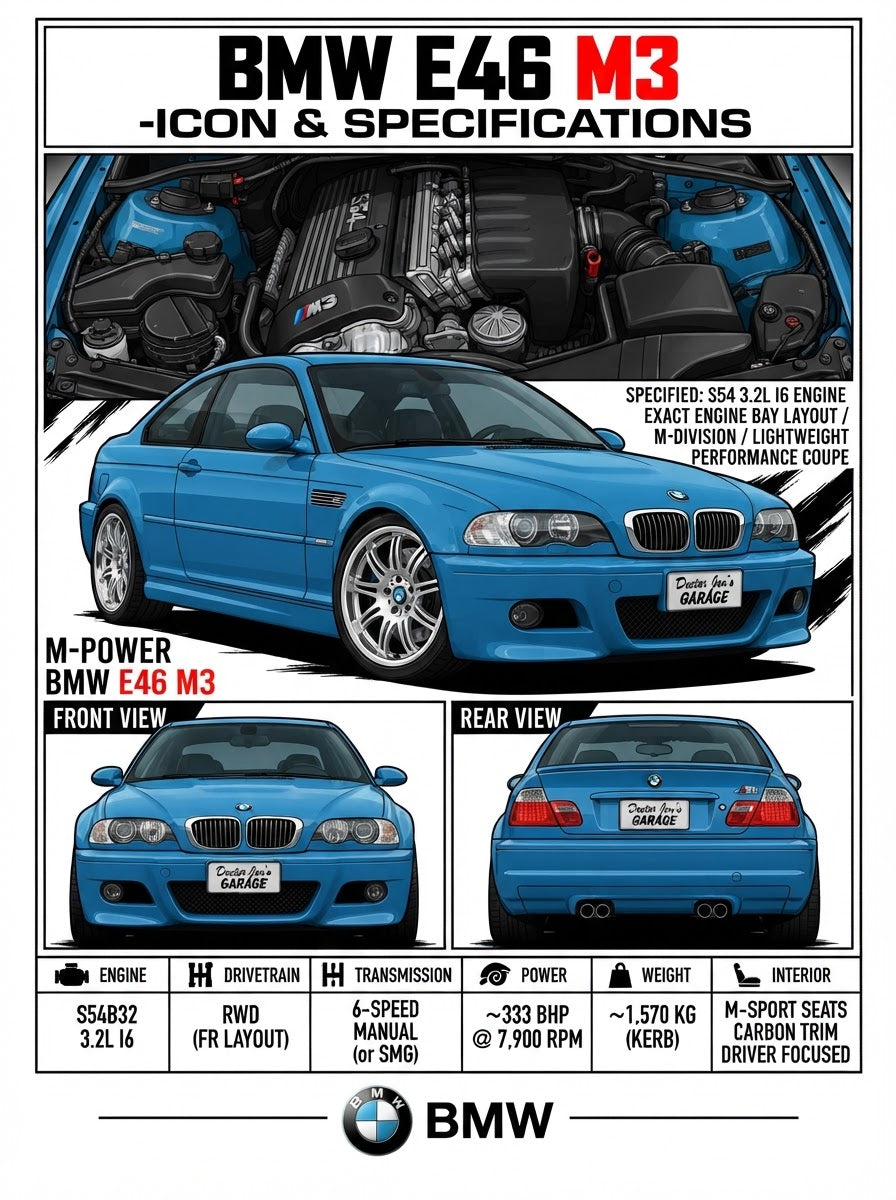 Standalone BMW E46 M3 specification print artwork