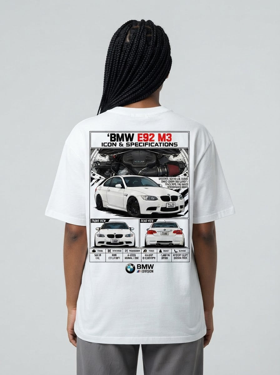 BMW E92 M3 shirt print shown on model back