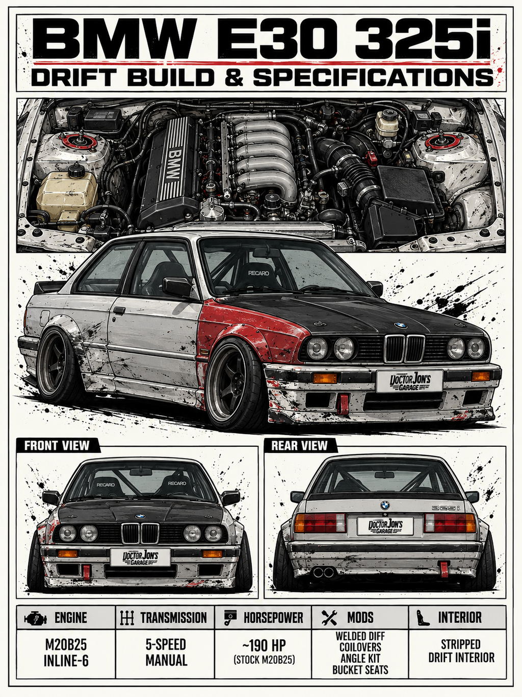 BMW E30 325i standalone battle-scarred drift car design for printing