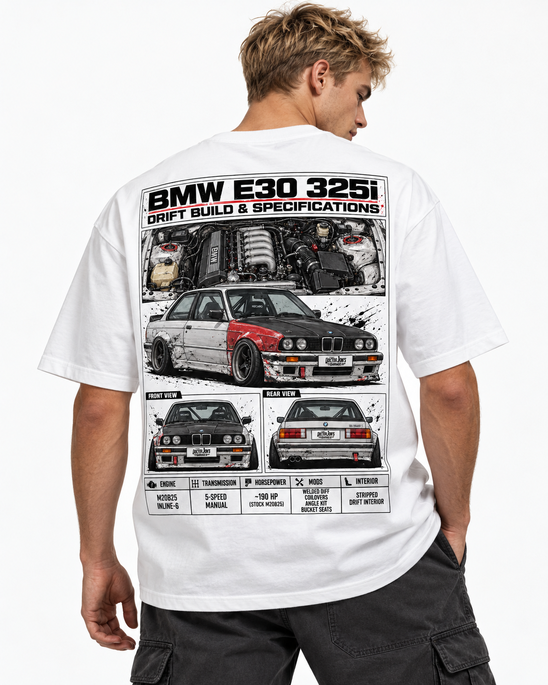 BMW E30 325i drift graphic T-shirt model back view