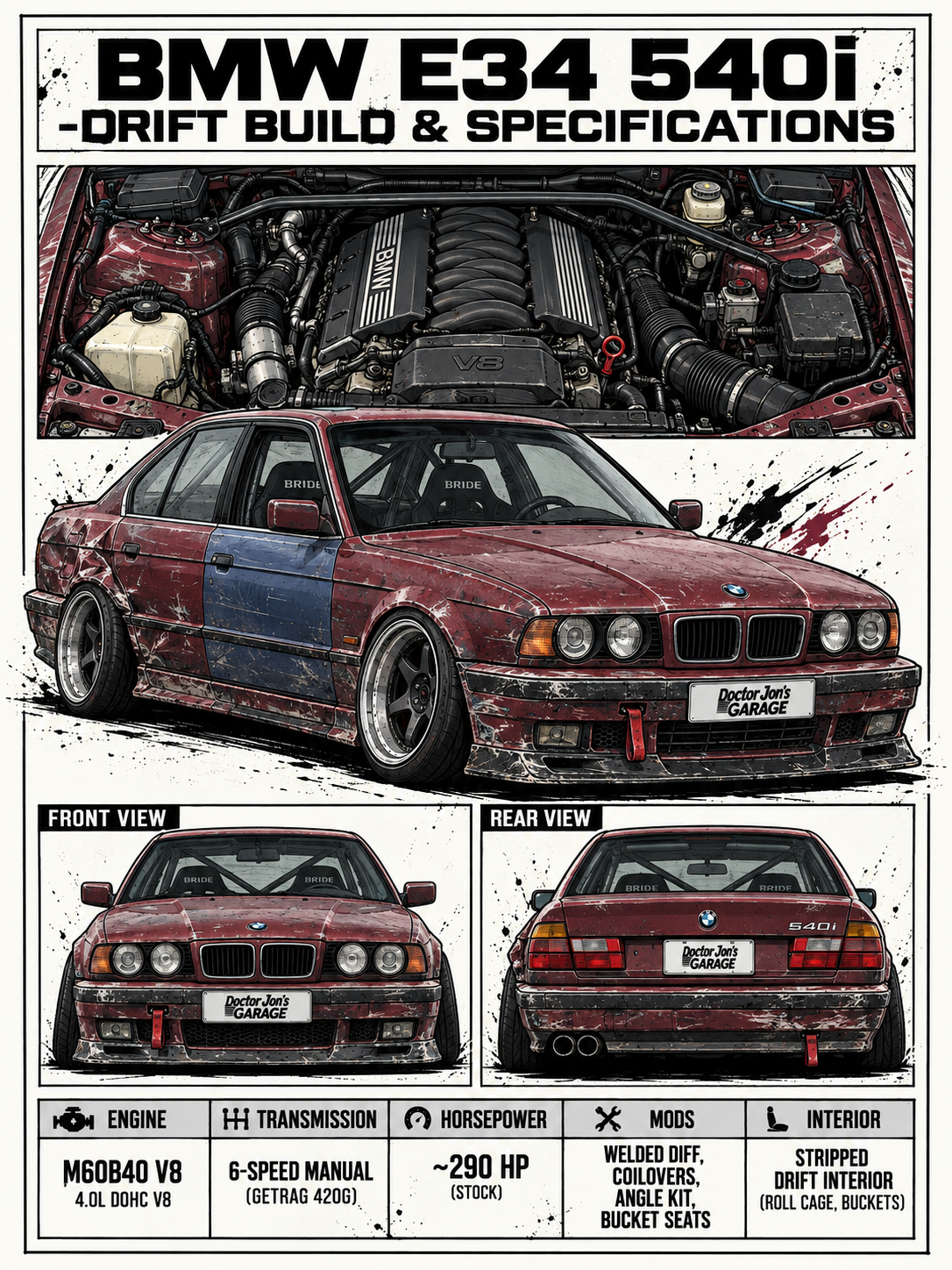 BMW E34 540i standalone battle-scarred drift car design for printing