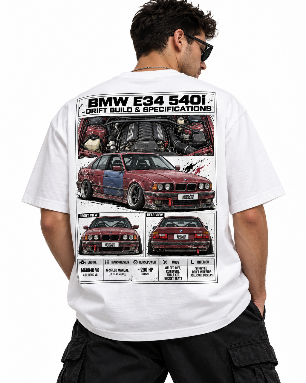 BMW E34 540i drift graphic T-shirt model back view