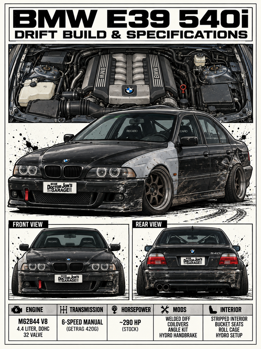 BMW E39 540i standalone battle-scarred drift car design for printing
