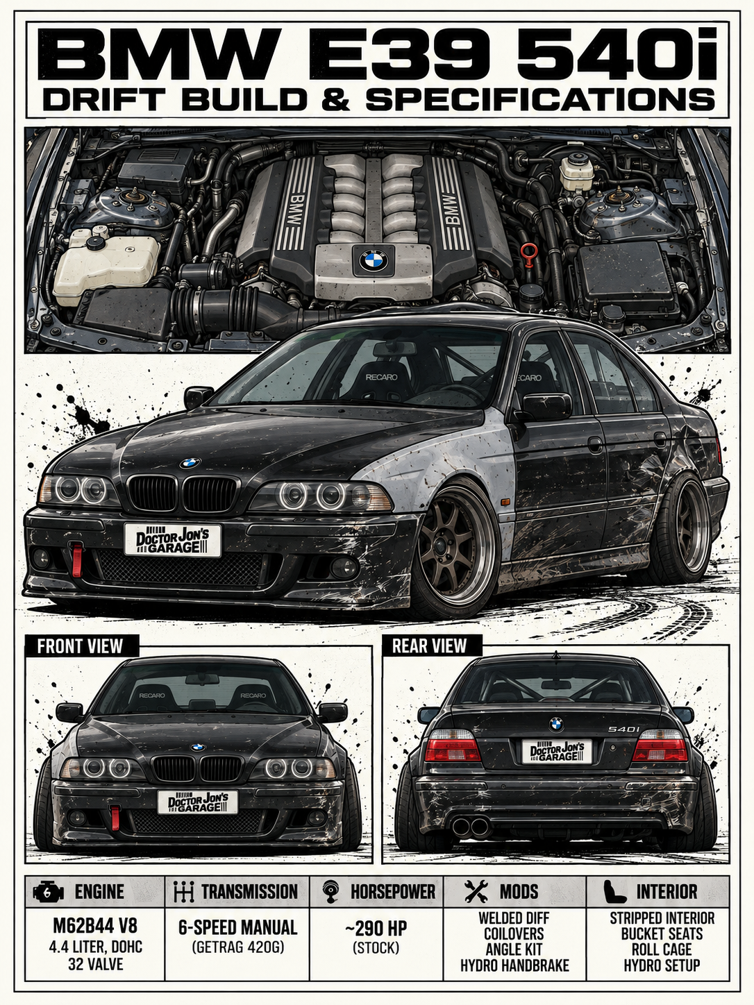 BMW E39 540i standalone battle-scarred drift car design for printing