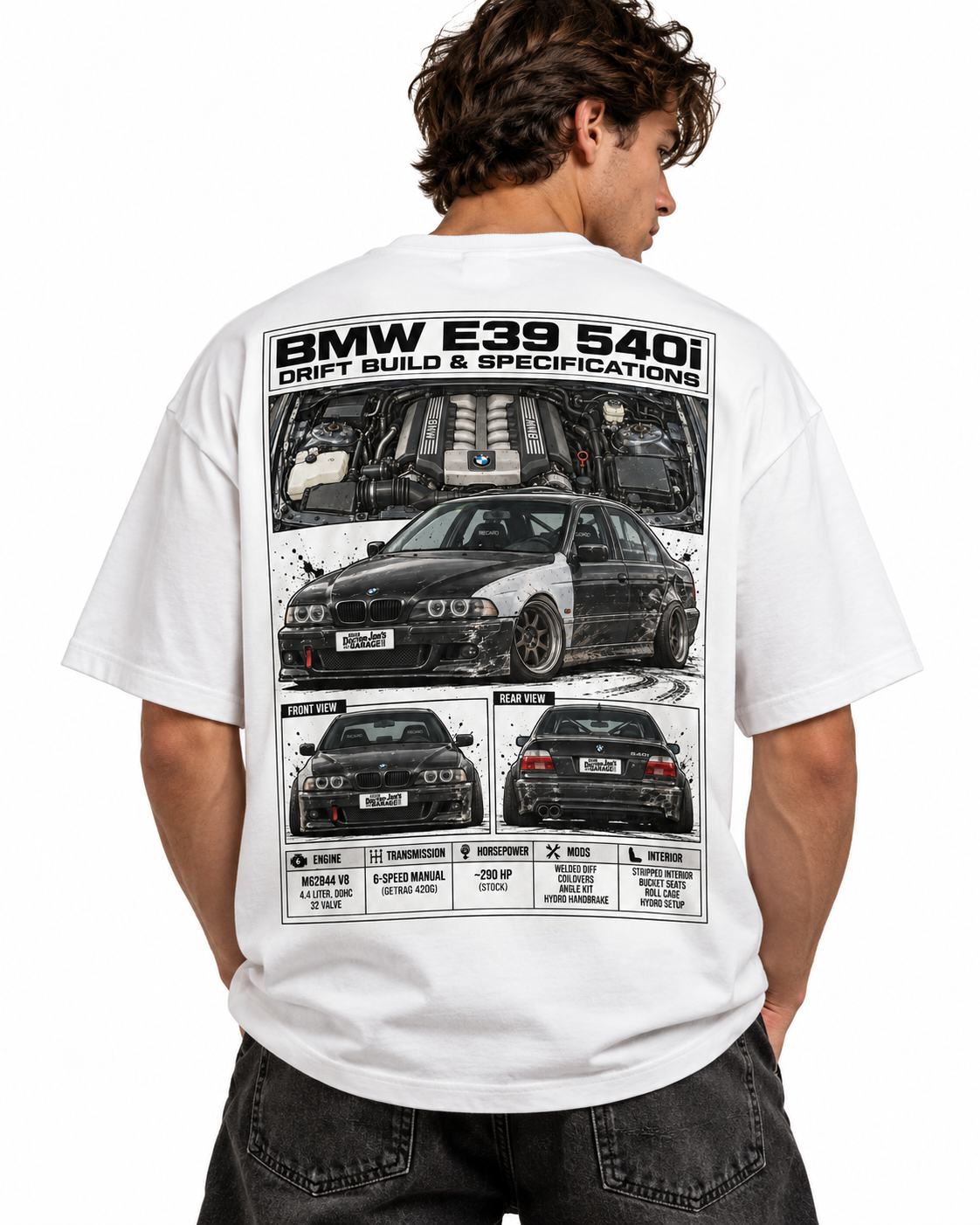 BMW E39 540i drift graphic T-shirt model back view