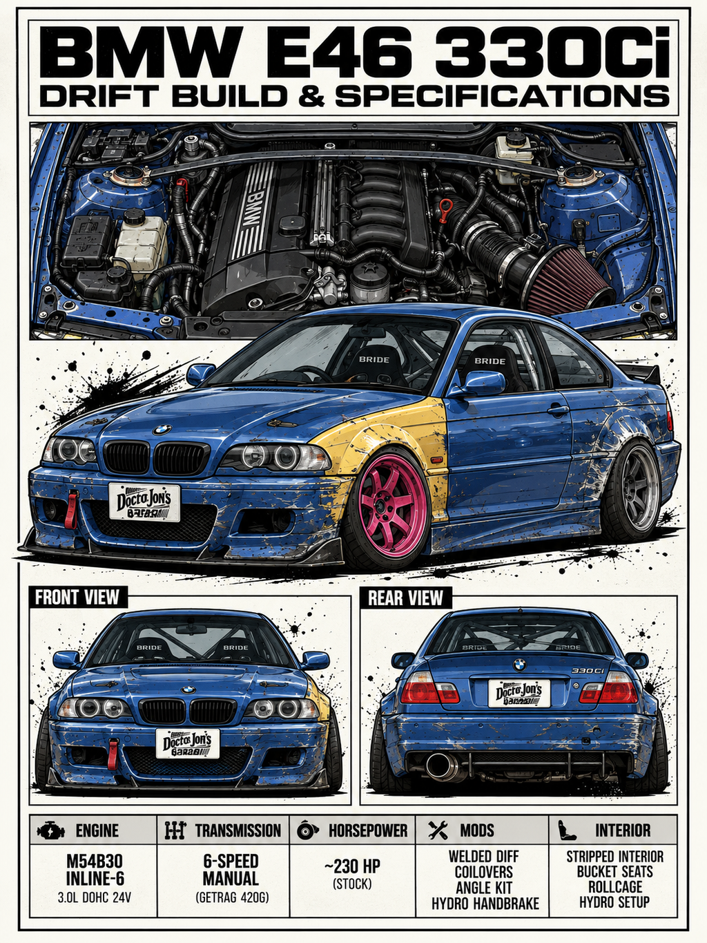 BMW E46 330Ci standalone battle-scarred drift car design for printing