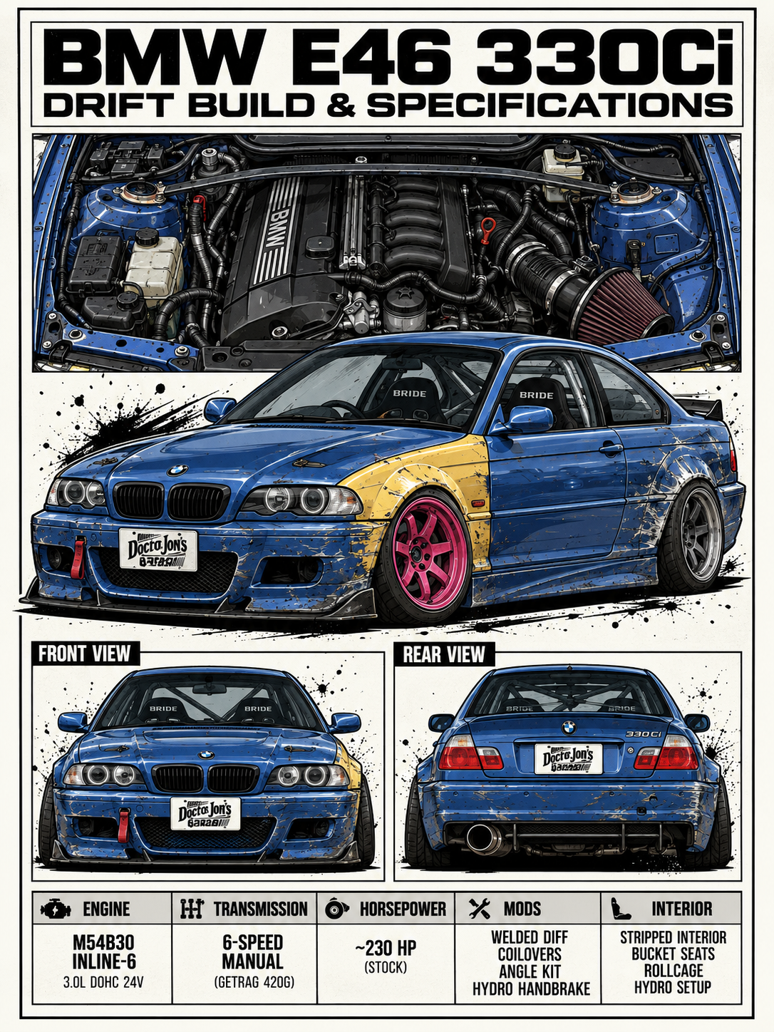 BMW E46 330Ci standalone battle-scarred drift car design for printing