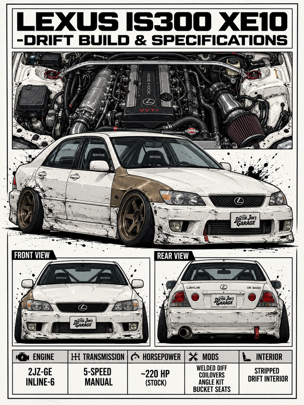 Lexus IS300 XE10 standalone battle-scarred drift car design for printing