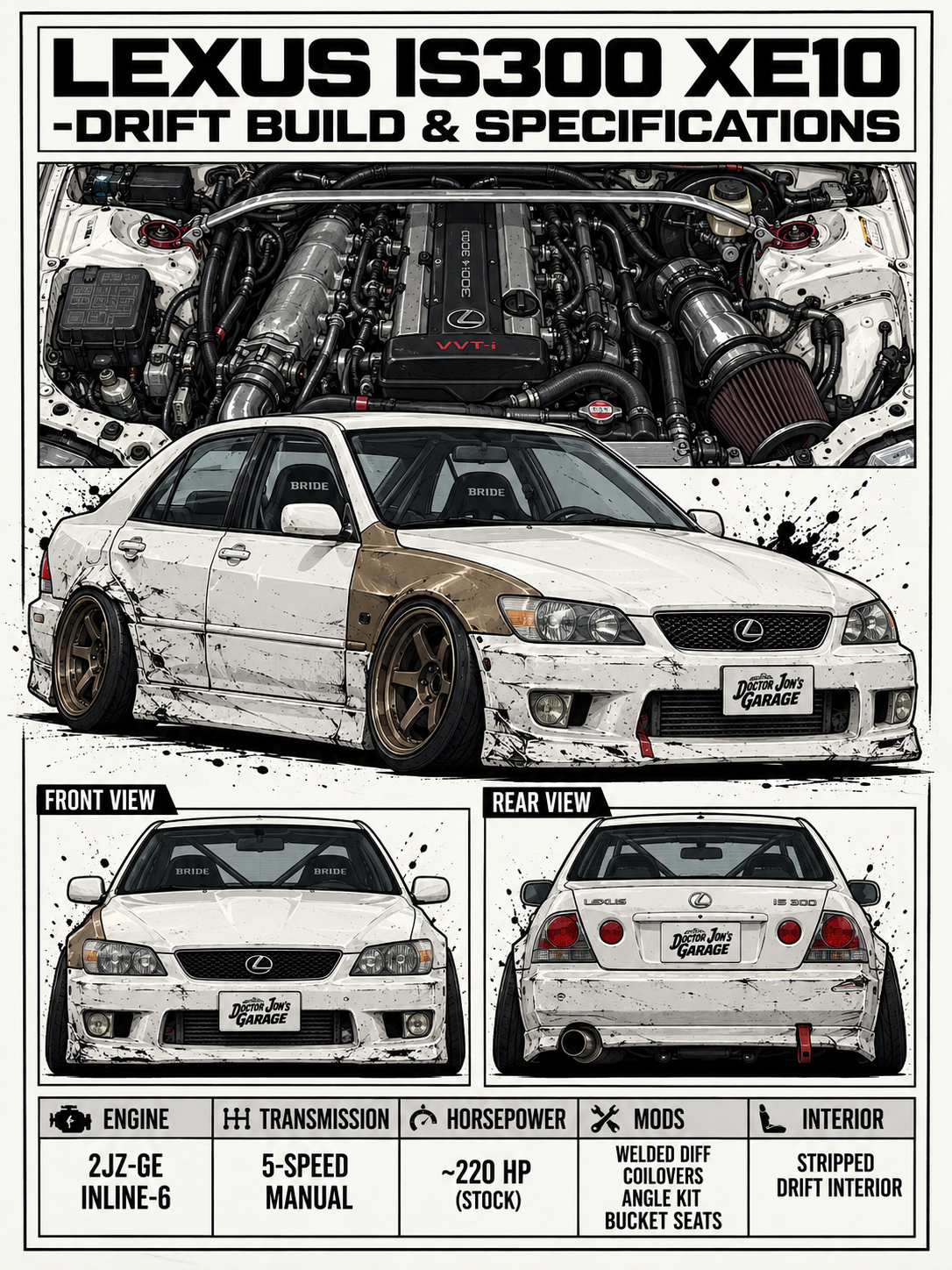 Lexus IS300 XE10 standalone battle-scarred drift car design for printing
