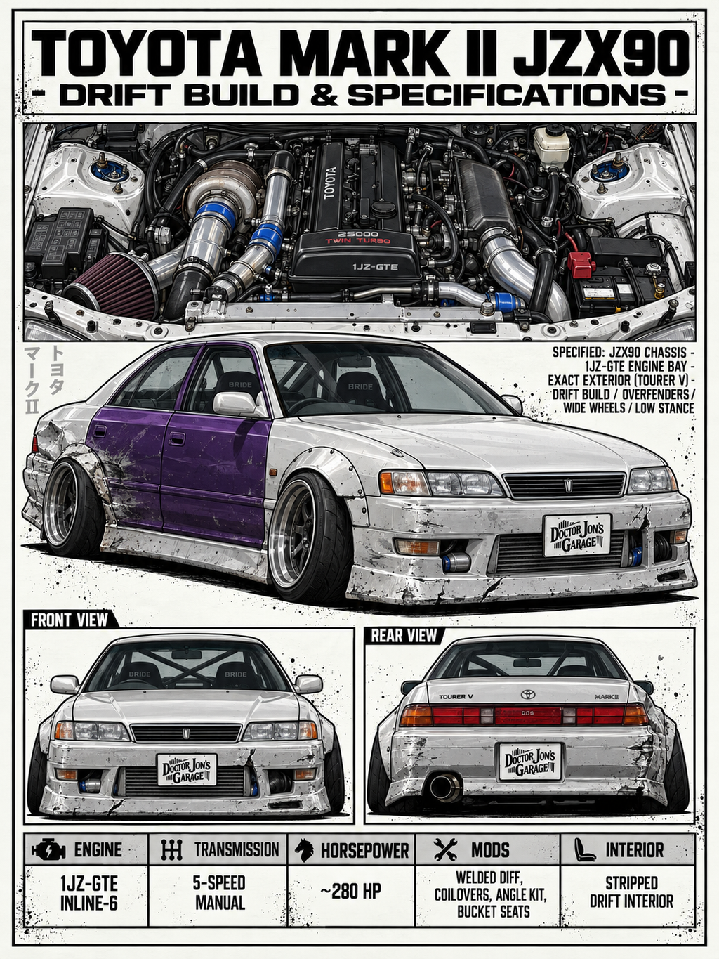 Toyota Mark II JZX90 standalone battle-scarred drift car design for printing