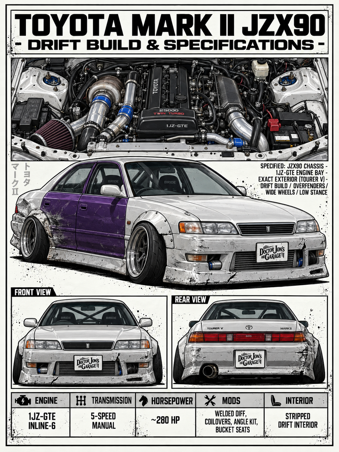 Toyota Mark II JZX90 standalone battle-scarred drift car design for printing