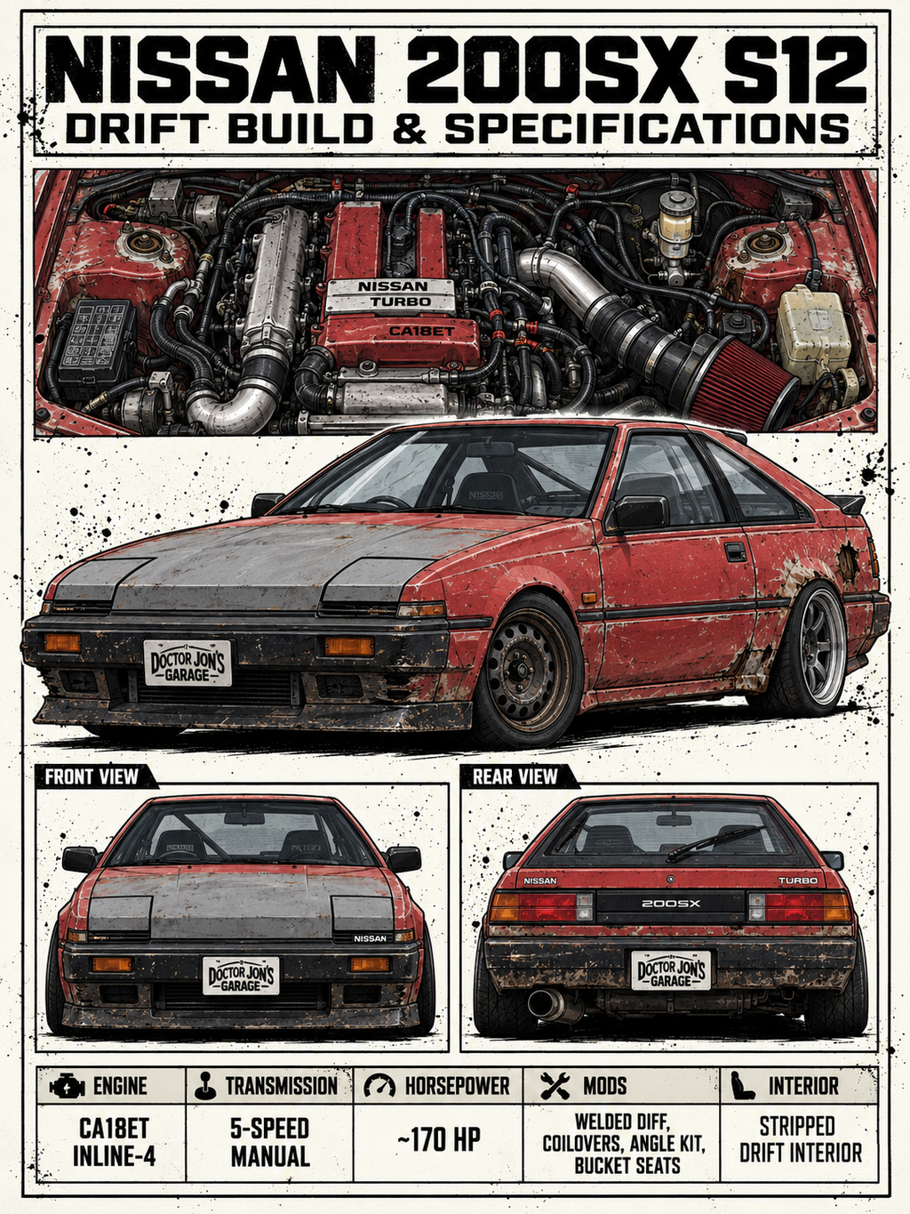 Nissan 200SX S12 standalone battle-scarred drift car design for printing