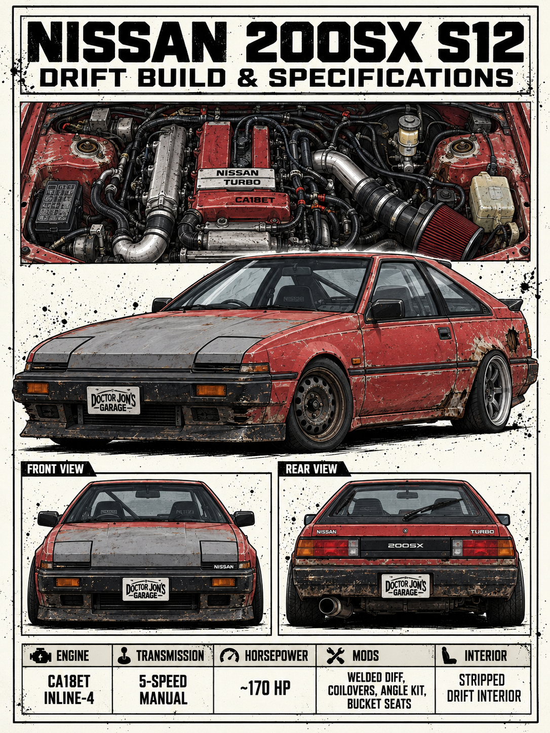 Nissan 200SX S12 standalone battle-scarred drift car design for printing