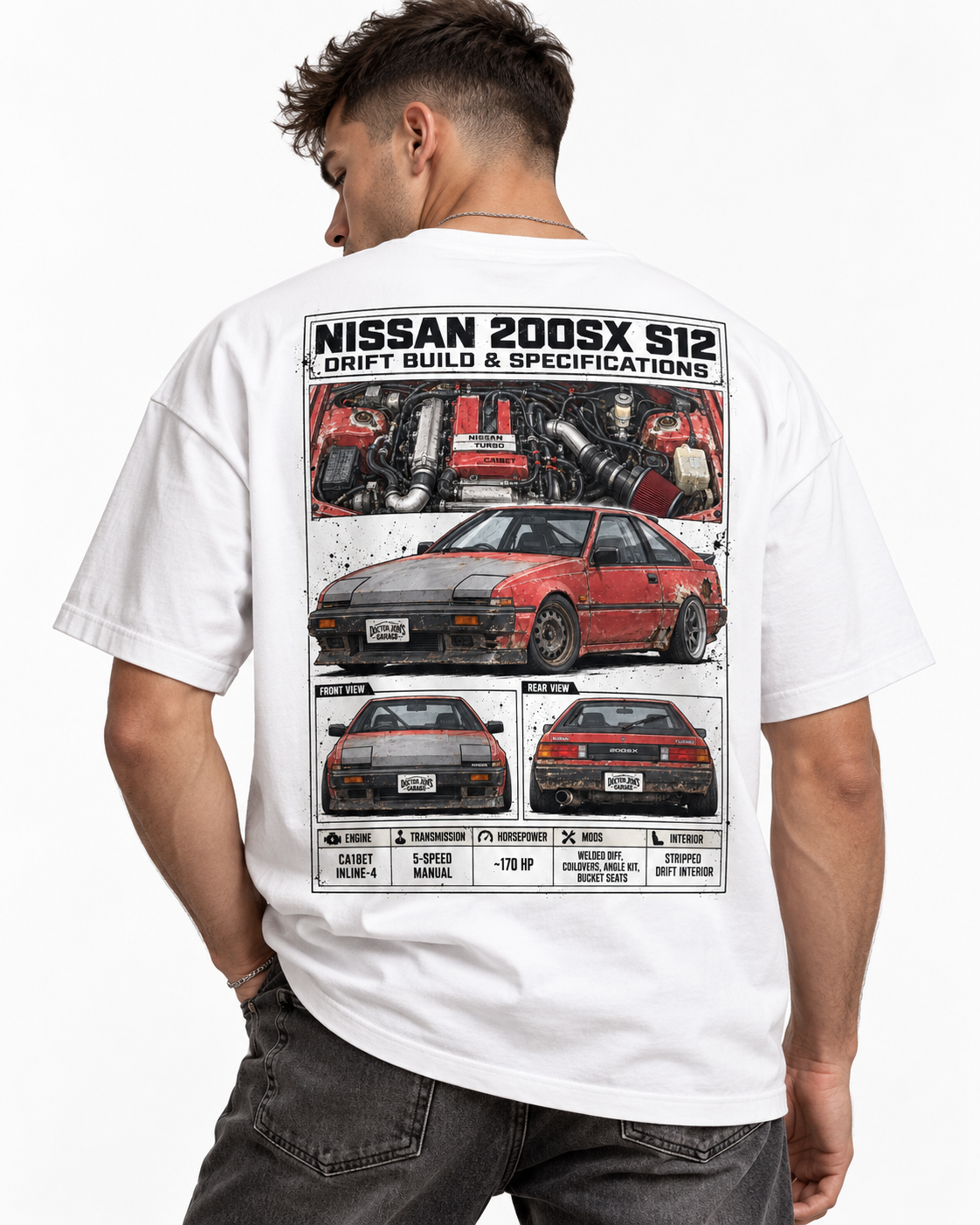 Nissan 200SX S12 drift graphic T-shirt model back view