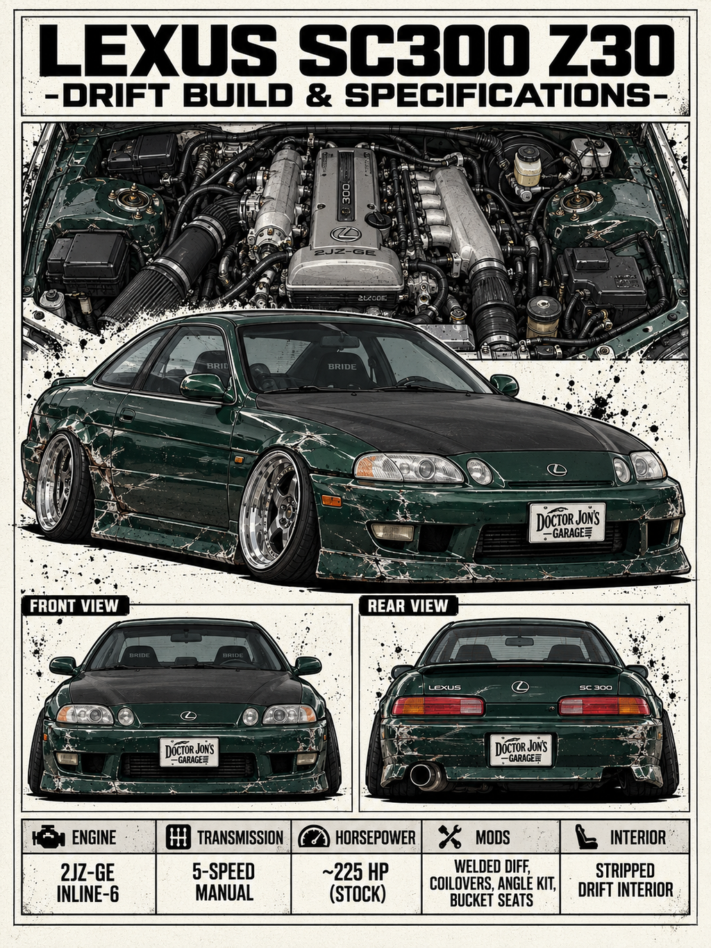 Lexus SC300 Z30 standalone battle-scarred drift car design for printing