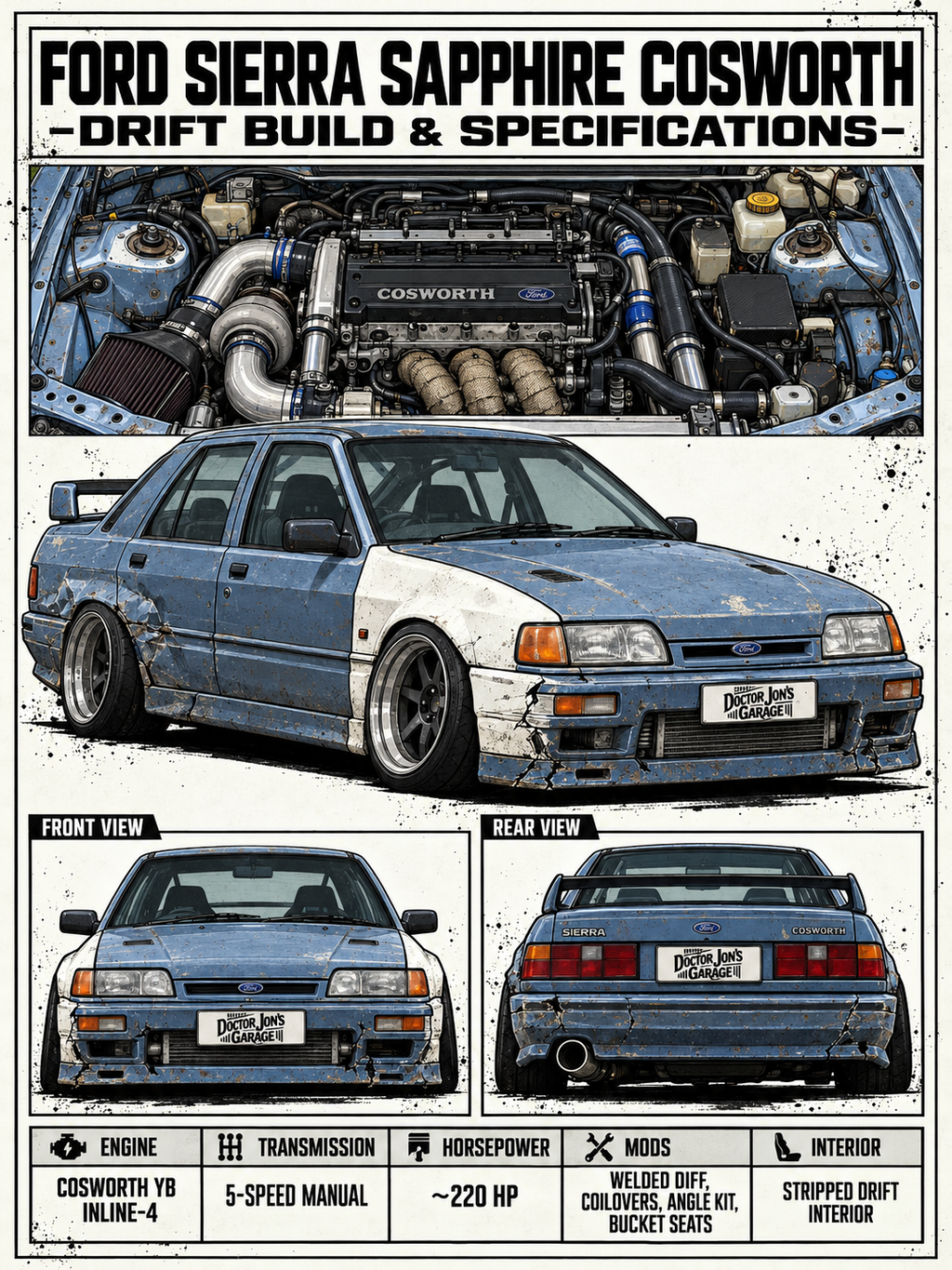 Ford Sierra Sapphire Cosworth standalone battle-scarred drift car design for printing