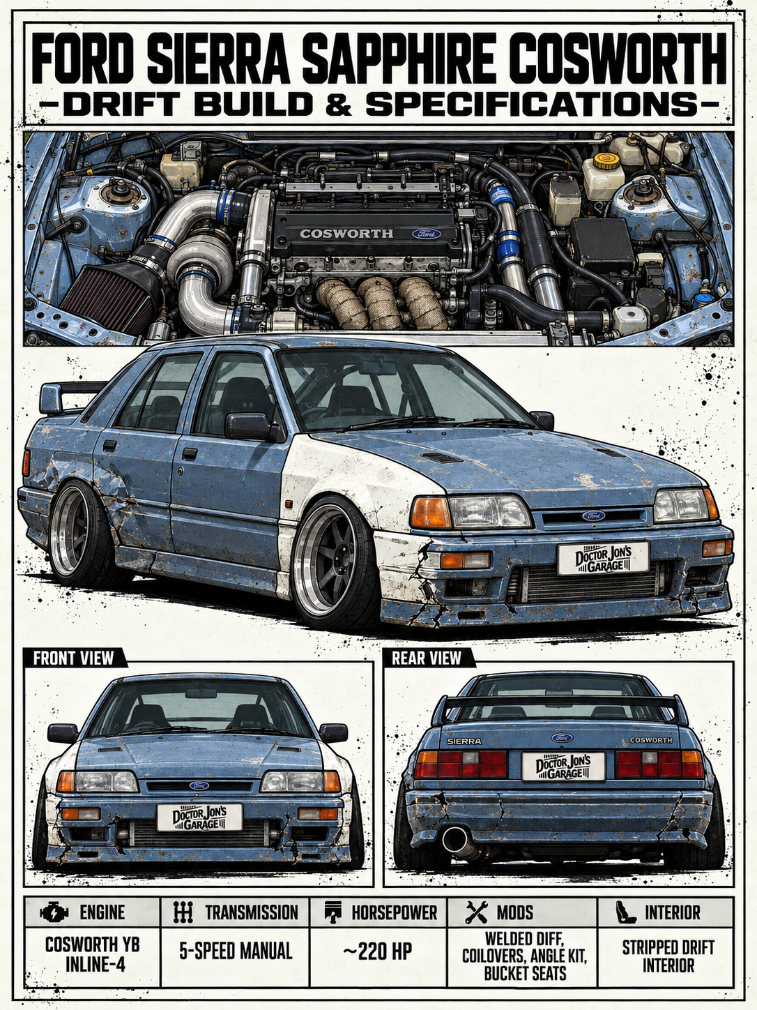 Ford Sierra Sapphire Cosworth standalone battle-scarred drift car design for printing