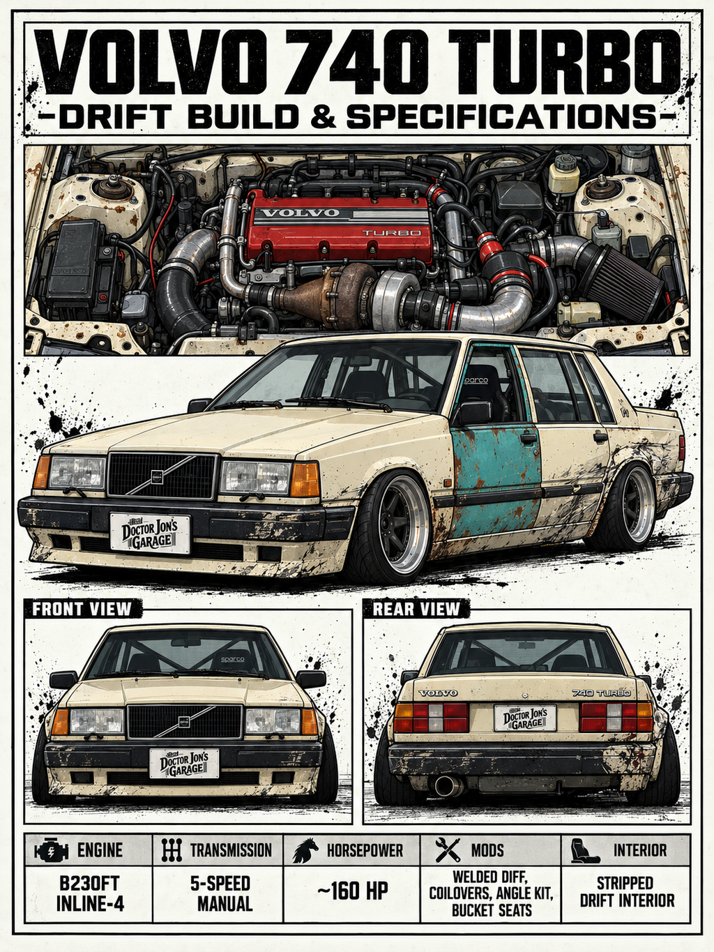 Volvo 740 Turbo standalone battle-scarred drift car design for printing