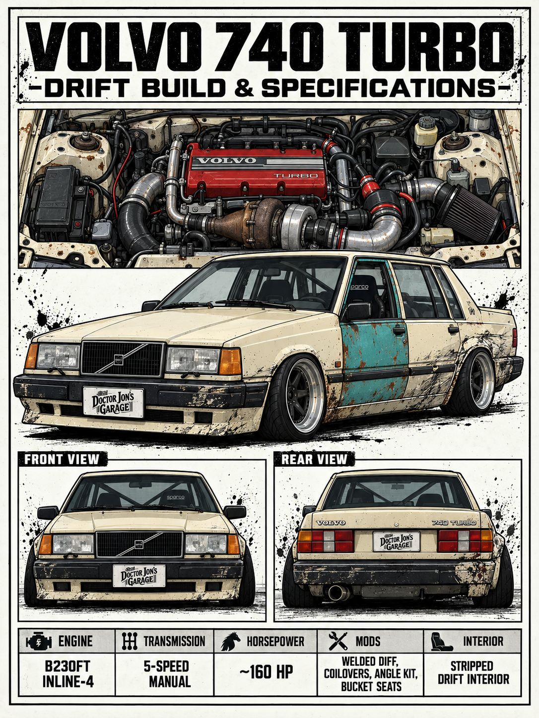 Volvo 740 Turbo standalone battle-scarred drift car design for printing