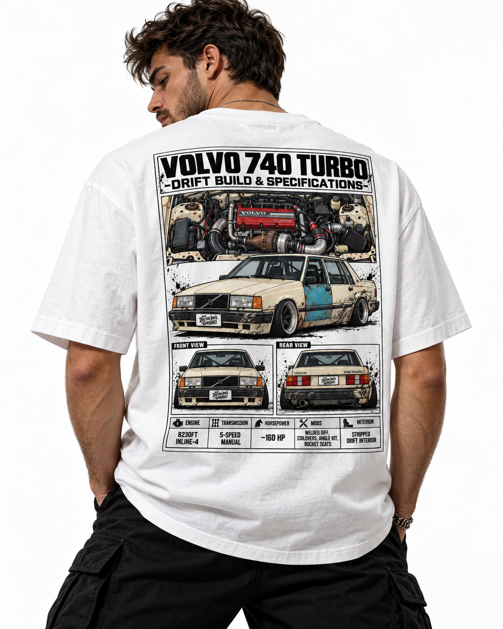 Volvo 740 Turbo drift graphic T-shirt model back view