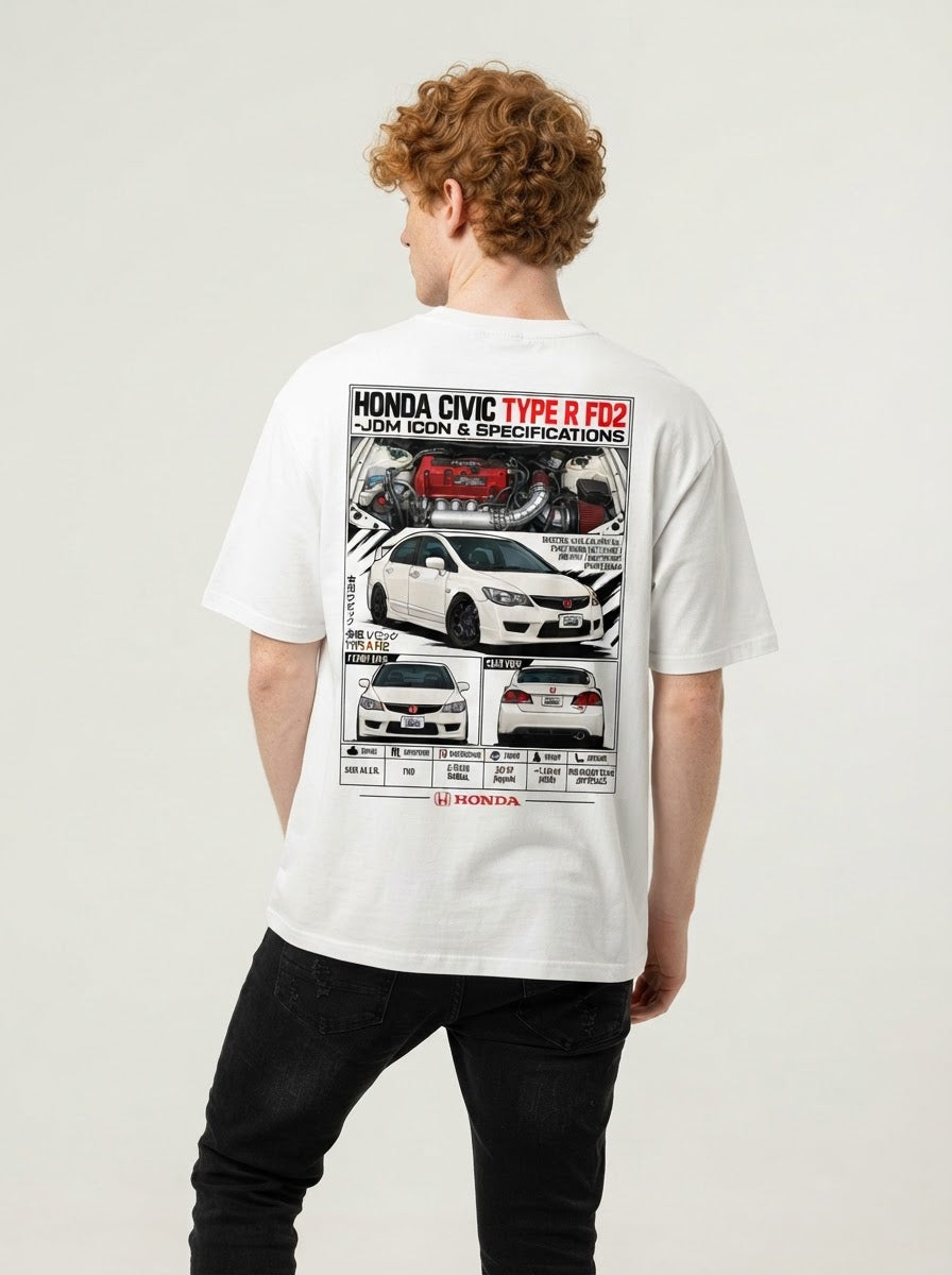 Model wearing white Honda Civic Type R FD2 graphic T-shirt, back view