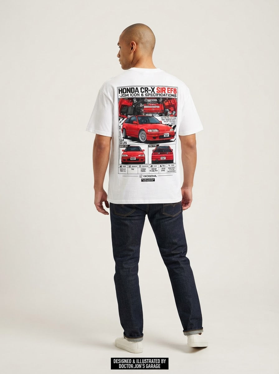 Model wearing white Honda CR-X SiR EF8 graphic T-shirt, back view