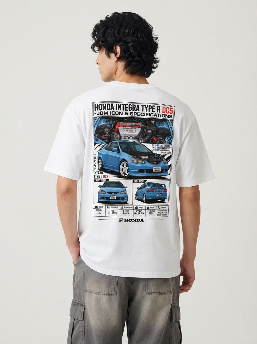 Model wearing white Honda Integra Type R DC5 graphic T-shirt, back view