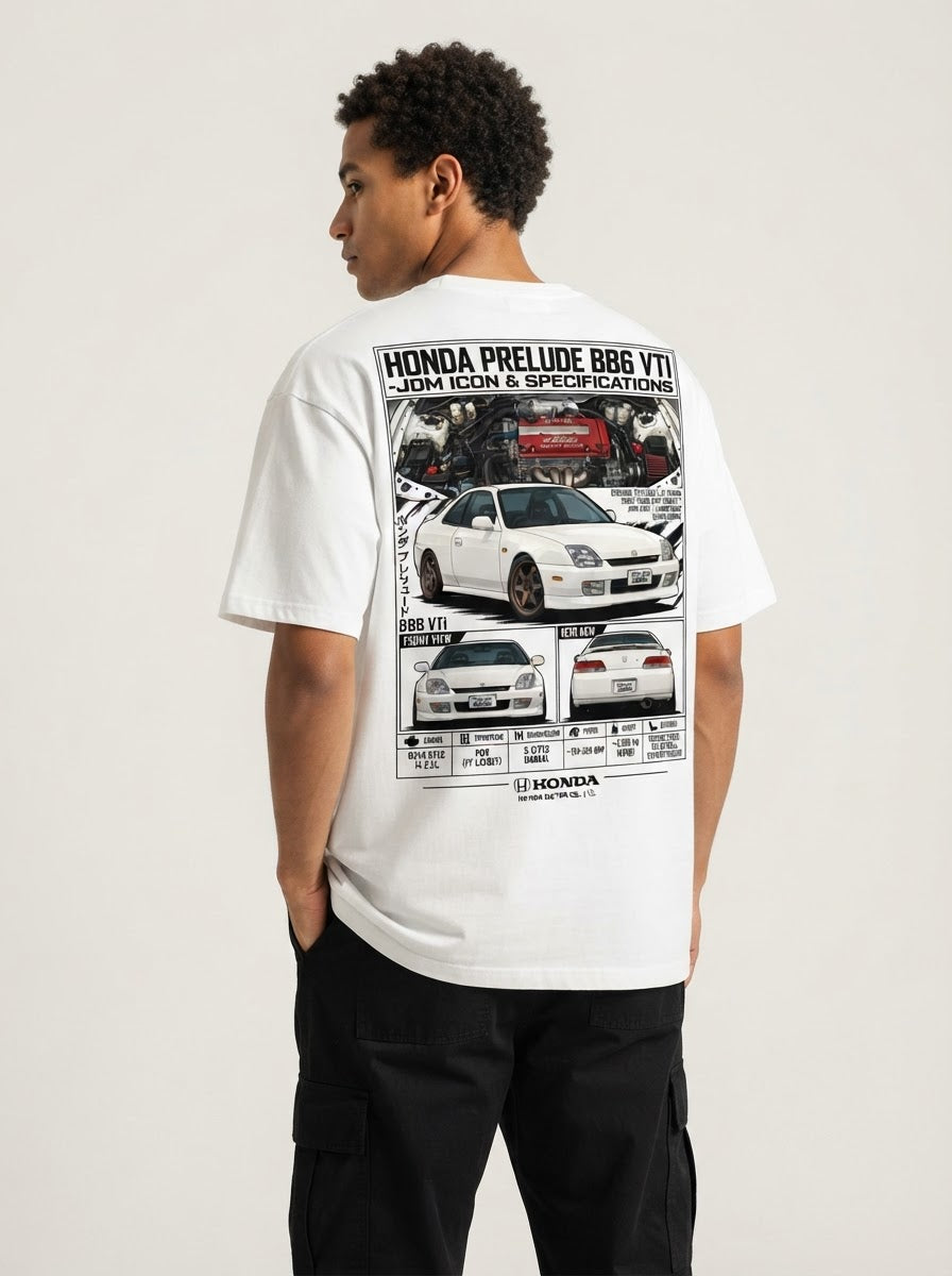 Model wearing white Honda Prelude BB6 VTi graphic T-shirt, back view