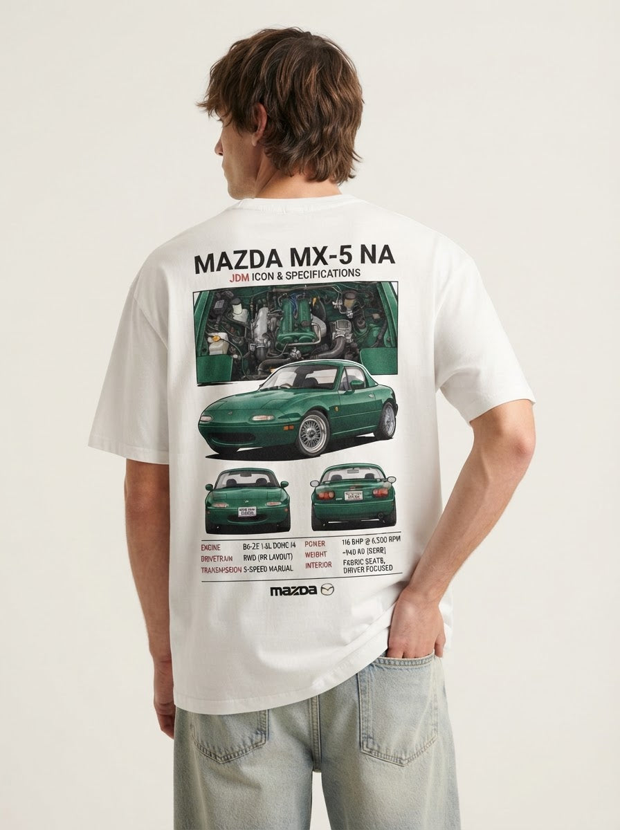 Model wearing white Mazda MX-5 NA graphic T-shirt, back view