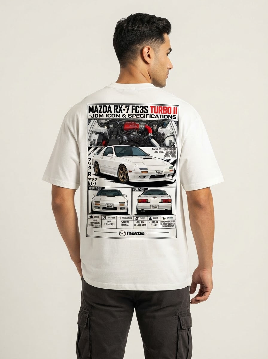 Model wearing white Mazda RX-7 FC3S Turbo II graphic T-shirt, back view