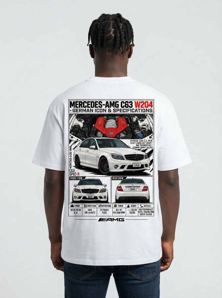 Mercedes-AMG C63 W204 graphic print on white T-shirt worn by model