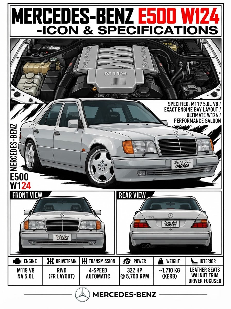 Standalone Mercedes-Benz E500 W124 specification print artwork