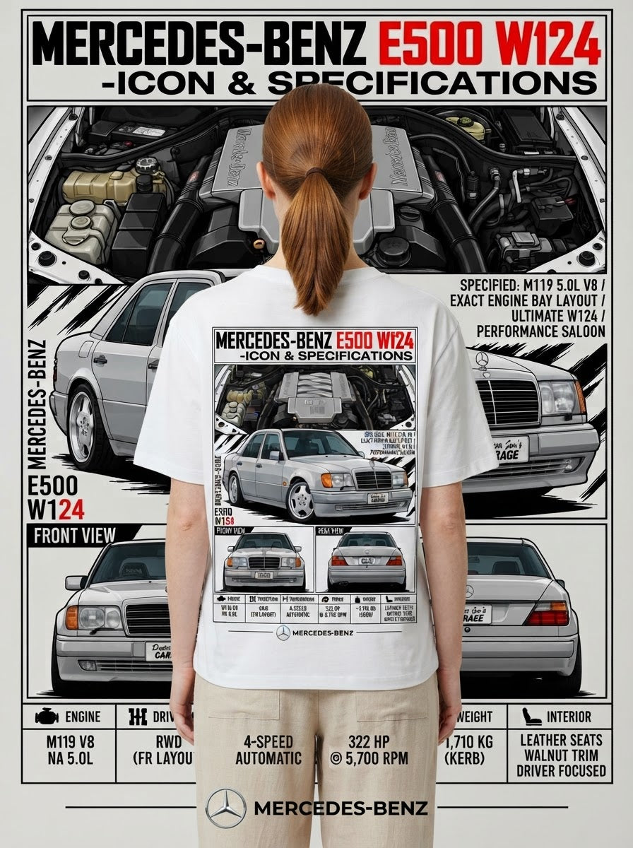 Mercedes-Benz E500 W124 shirt print shown on model back