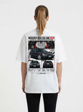 Mercedes-Benz E55 AMG W211 graphic print on white T-shirt worn by model