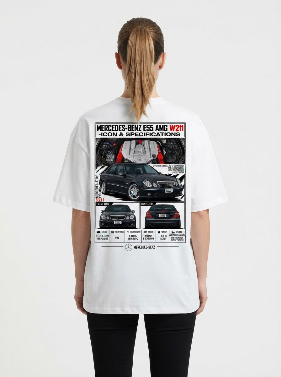 Mercedes-Benz E55 AMG W211 graphic print on white T-shirt worn by model