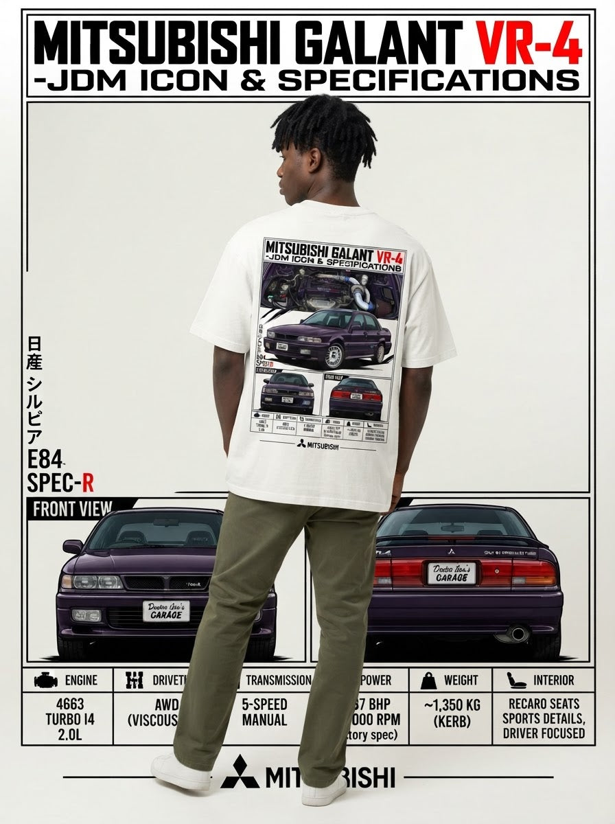Model wearing white Mitsubishi Galant VR-4 graphic T-shirt, back view