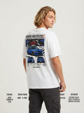 Model wearing white Mitsubishi Lancer Evolution IX graphic T-shirt, back view