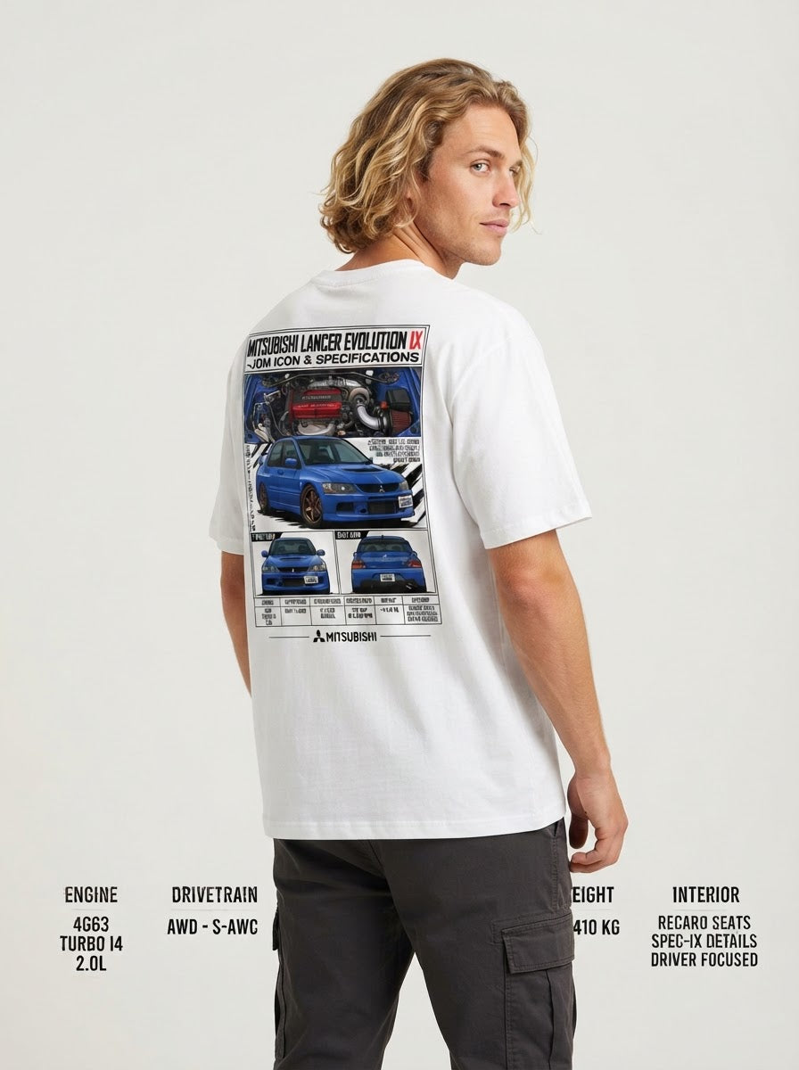 Model wearing white Mitsubishi Lancer Evolution IX graphic T-shirt, back view
