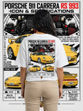 Porsche 911 Carrera RS 993 graphic print on white T-shirt worn by model