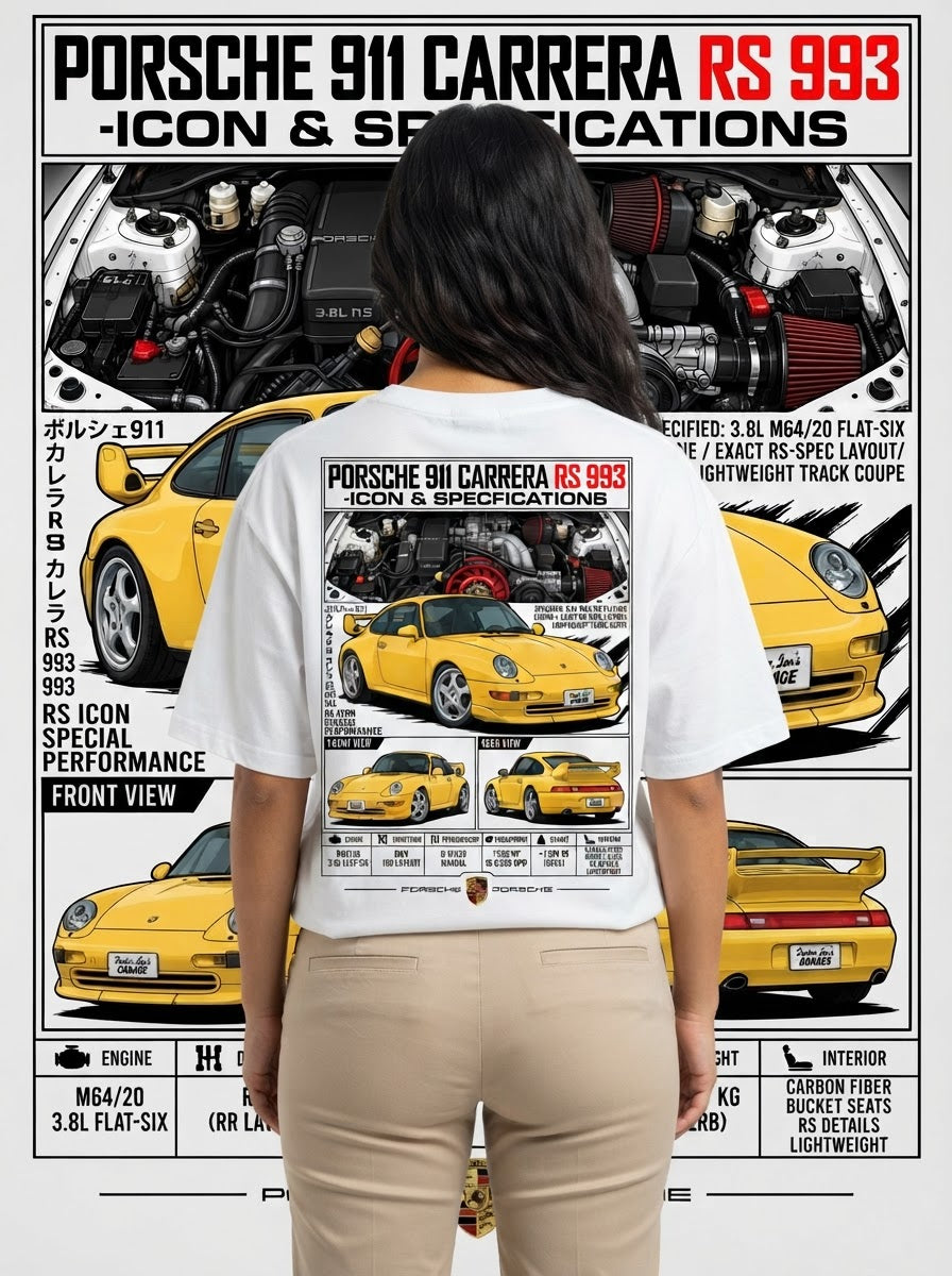 Porsche 911 Carrera RS 993 graphic print on white T-shirt worn by model
