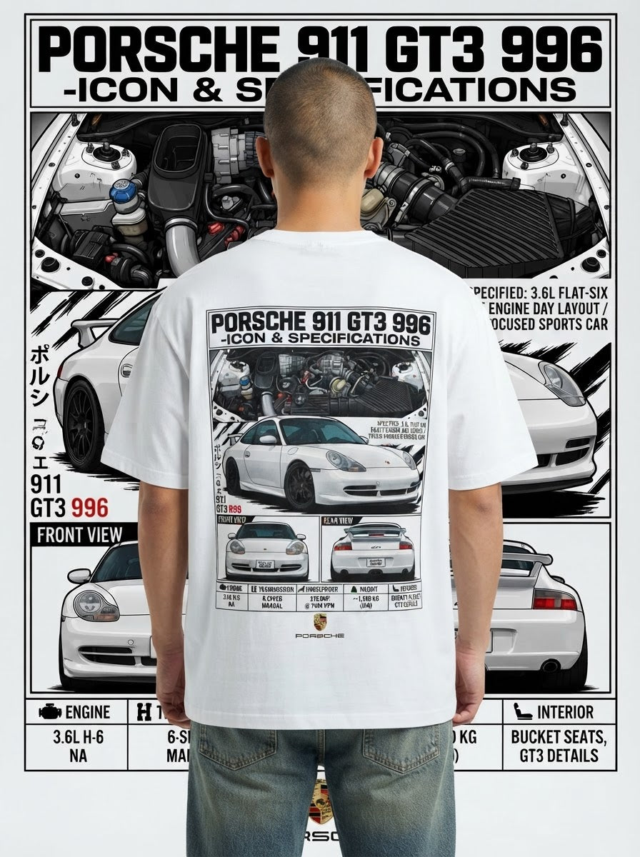 Porsche 911 GT3 996 graphic print on white T-shirt worn by model