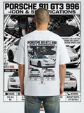 Porsche 911 GT3 996 graphic print on white T-shirt worn by model