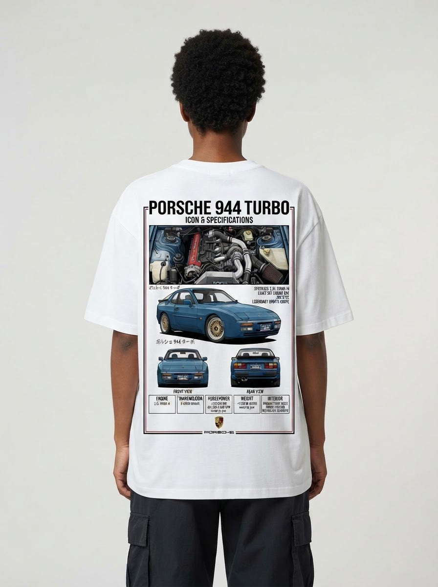 Porsche 944 Turbo graphic print on white T-shirt worn by model