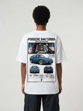 Porsche 944 Turbo graphic print on white T-shirt worn by model
