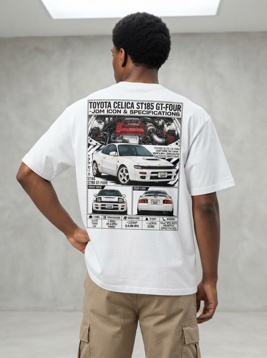 Toyota Celica ST185 GT-Four T-shirt photo with back graphic on model